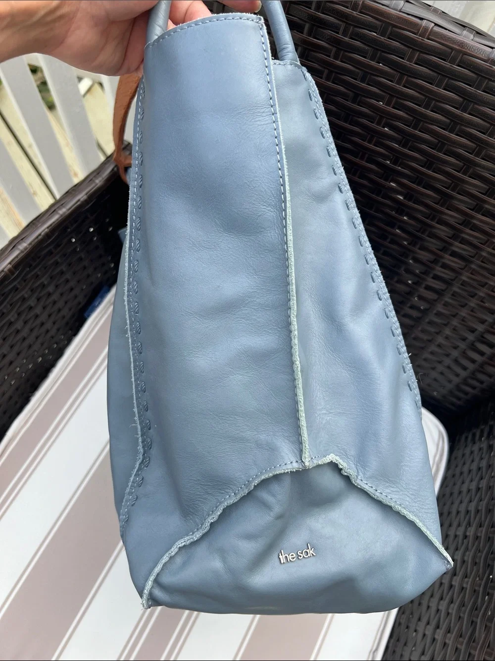 The Sak Two-Tone Blue Leather Tote with Tan Strap